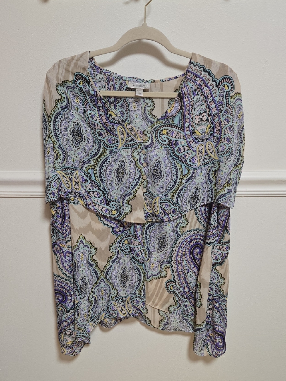 dressbarn Beige Paisley Layered Blouse with Purple Accents